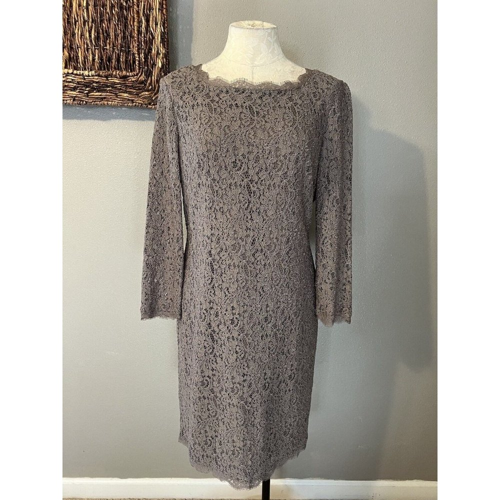 Adrianna Papell Dress 16 Mocha Brown Lace 3/4 Long Sleeve Stretch Party Wedding